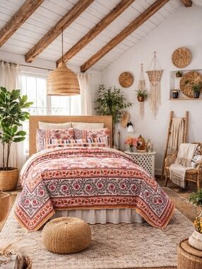Boho Chic Cottagecore Dopamine Farmhouse Cotton Floral King Quilt 3 Piece New
